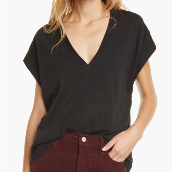 Frame Le High Rise V Neck Tee in Noir Size XL - Picture 5 of 9